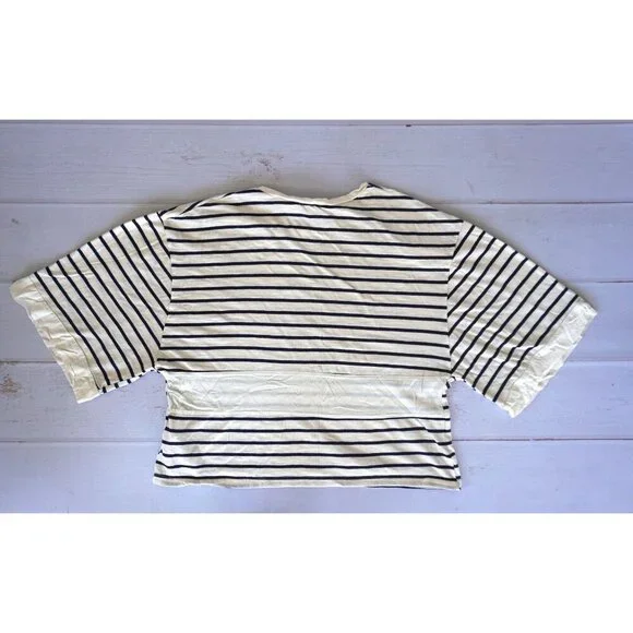 Zara Trafaluc Women's Navy Cream Striped Boxy Tee - Size S - Picture 4 of 4